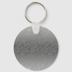Metallisches Silber-Grau Monochrome Florale Damast Schlüsselanhänger