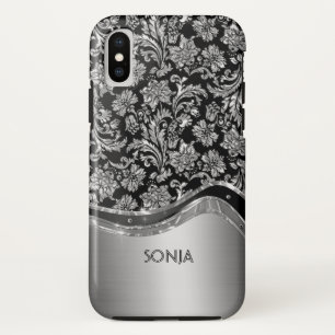 Metallisches Silber-Graues Blumen-Damaskus iPhone X Hülle
