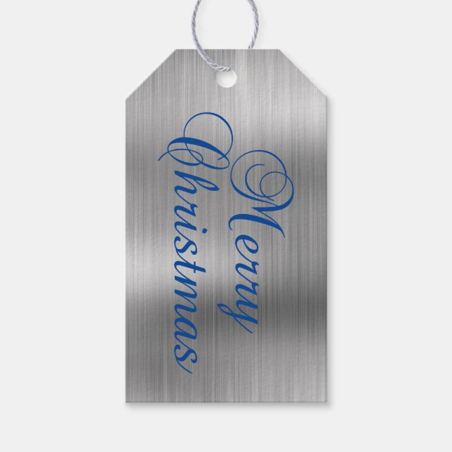 Metallisches Silber und Blauer Frohe Weihnachten Geschenkanhänger (Vorderseite)