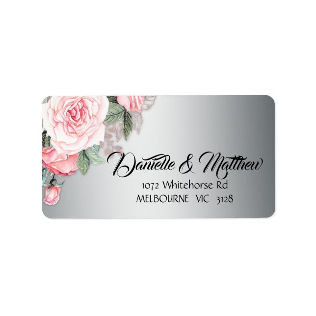 Metallisches Silber und rosa Rose Bouquet Adressaufkleber (Vorne)