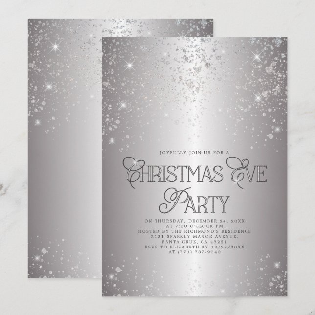 Metallisches Silver Glitzer Weihnachtsabend Party Einladung (Vorne/Hinten)