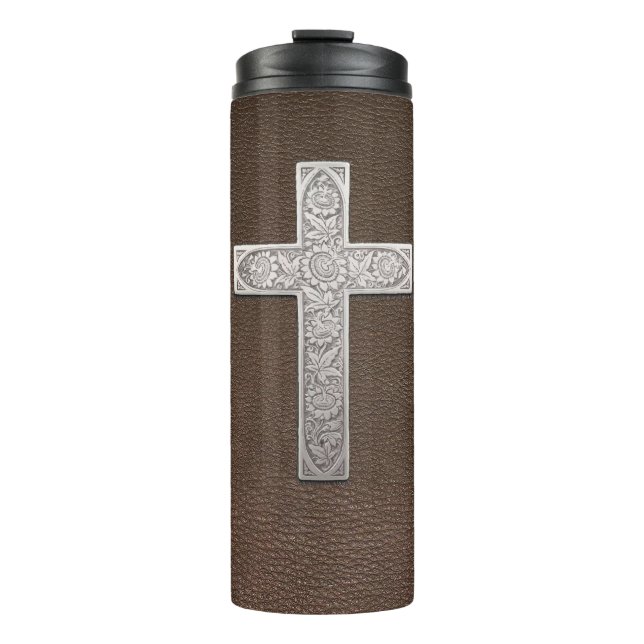 Metallkreuz auf dunklem Leder Thermosbecher (Vorderseite)