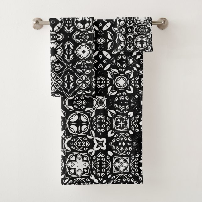 Metamorphose Medallion Muster Schwarz-Weiß-B Badhandtuch Set (Insitu)