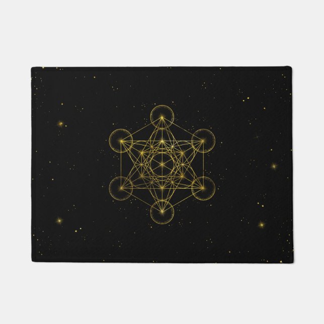 Metatron's Cube Heilige Geometrie Schwarz und Gold Fußmatte (Vorderseite)