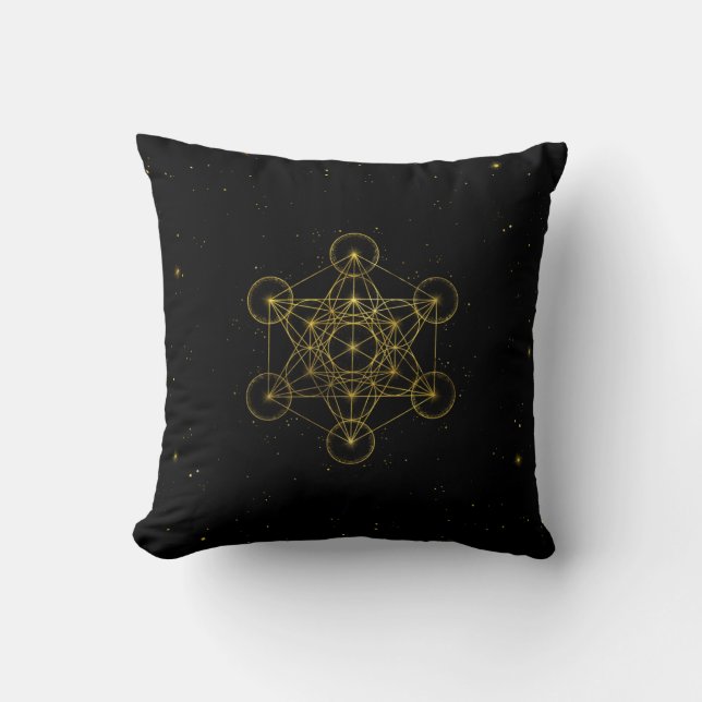 Metatron's Cube Heilige Geometrie Schwarz und Gold Kissen (Vorderseite)