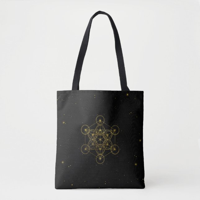 Metatron's Cube Heilige Geometrie Schwarz und Gold Tasche (Vorderseite)