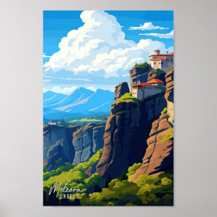 Meteora Greece Vintage Reise Illustration Poster