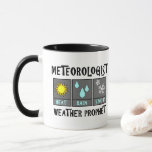 Meteorologe Wetterprophet Tasse<br><div class="desc">Meteorologe Wetterprophetext mit sonniger Hitze,  Regentropfen und Schneeflocken ist ein lustiges Geschenkdesign für Wetterforscher.</div>