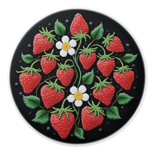 Metis Native Beadwork Strawberries Keramik Knob Keramikknauf (Vorderseite)