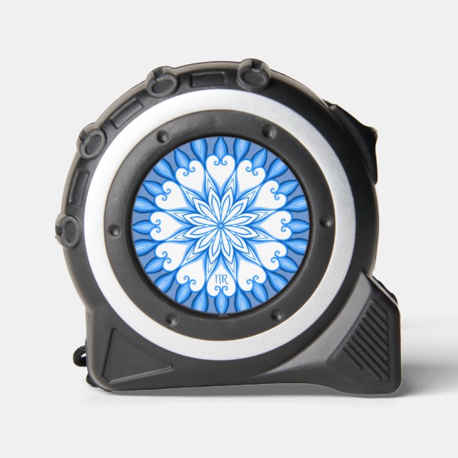Mètre Ruban Elégant esthétique blanc & bleu Mandala Monogramme (Recto)