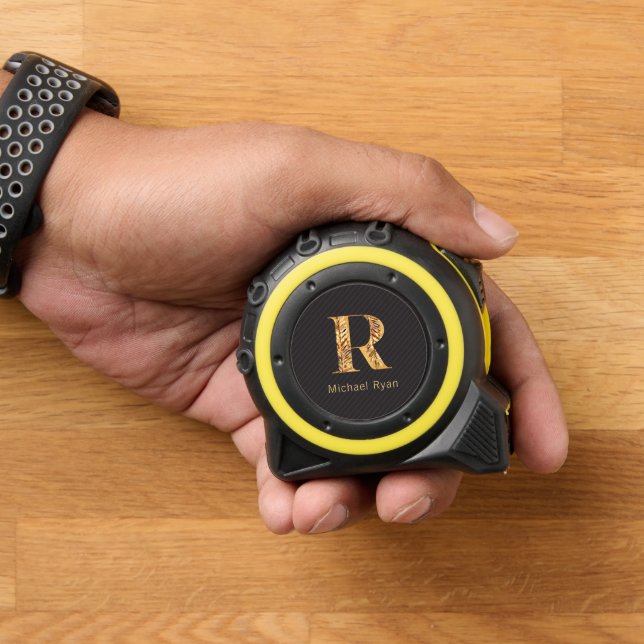 Mètre Ruban Élégant Noir & Or Personnalisé Monogramme (Maison)