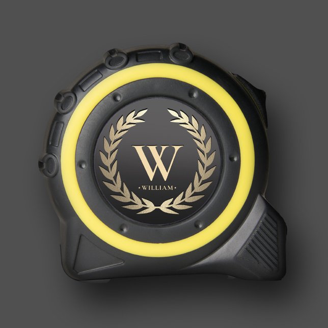 Mètre Ruban Monogramme moderne Première couronne d'or noir élé (Modern Monogram Initial Elegant Black Gold Wreath Tape Measure
)
