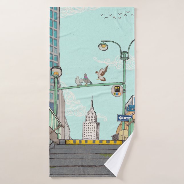 Métro Arrêt Manhattan NYC Illustration Whimsical (Serviette de bain)