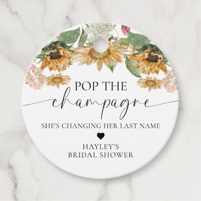 Mews Sunflower Pop Champagner-Brautparty Geschenkanhänger (Vorderseite)