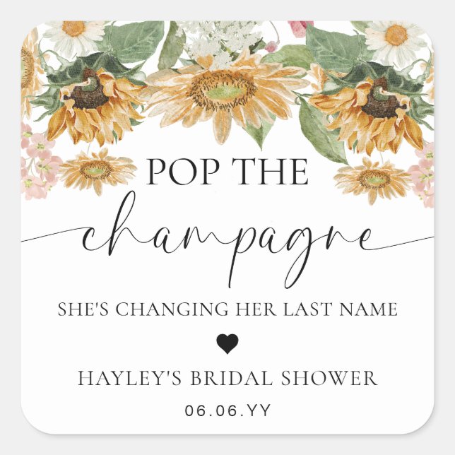 Mews Sunflower Pop Champagner-Brautparty Quadratischer Aufkleber (Vorderseite)