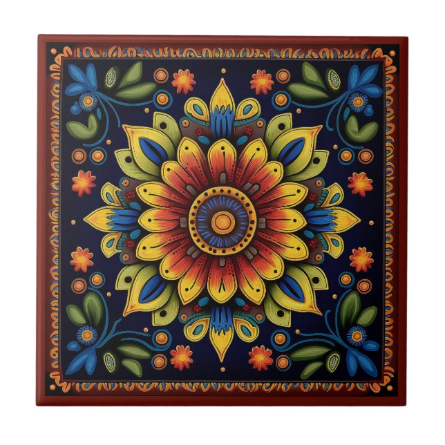 Mexicaine Huichol style fleur céramique carreau 11 (Devant)