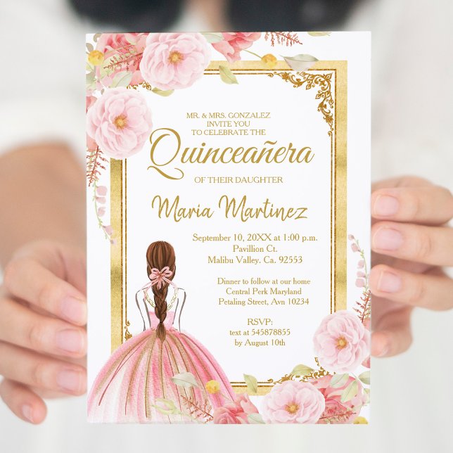 Mexicaine Quinceañera Invitation Rose Gold Flowers (Créateur téléchargé)