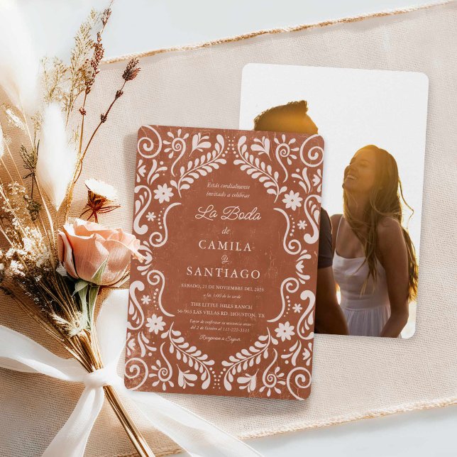 Mexicaine Talavera Espagnol Photo Faire-part de ma (Spanish Talavera Terracotta Wedding Invitation with photo)