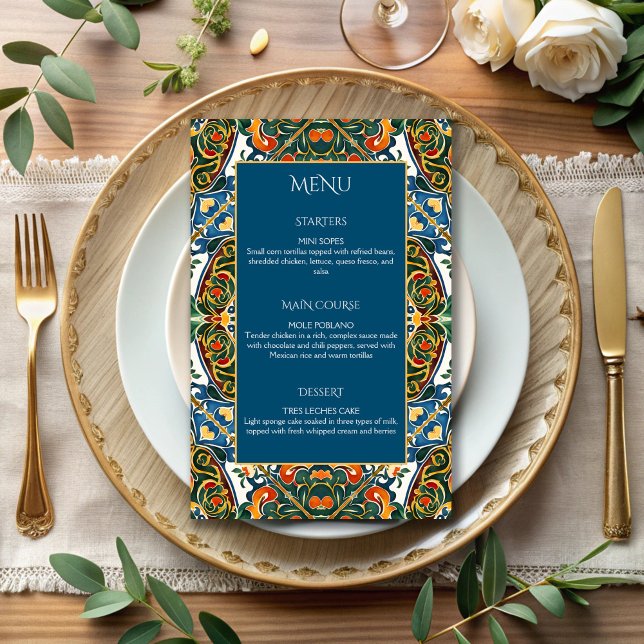 mexicaine Talavera menu de mariage turquoise (Mexican Talavera wedding teal  blue elegant wedding menu cards personalized table decor)