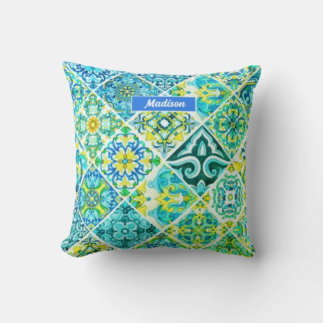 Mexican aqua mint Sicilian Mediterranean tiles Kissen (Vorderseite)