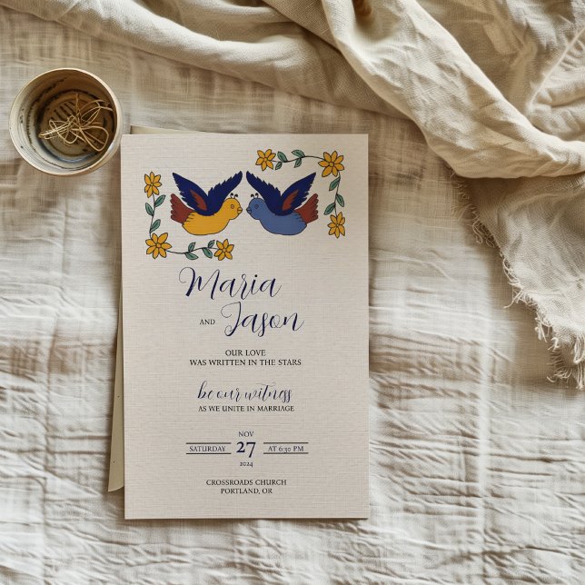 Mexican Birds Floral Blue Yellow Charming Wedding Einladung (Mexican Birds Floral Blue Yellow Charming Wedding Invitation)