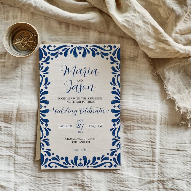 Mexican Blue Floral Classic Ästhetik Boda Wedding Einladung (Mexican Blue Floral Classic Aesthetic Boda Wedding Invitation)