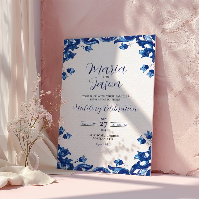 Mexican Blue Floral Elegant Fiesta Wedding Einladung (Mexican Blue Floral Elegant Fiesta Wedding Invitation)