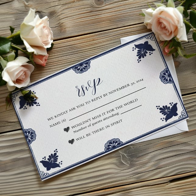 Mexican Blue Floral Otomi Simple Fiesta Wedding RSVP Karte (Mexican Blue Floral Otomi Simple Fiesta Wedding RSVP Card)