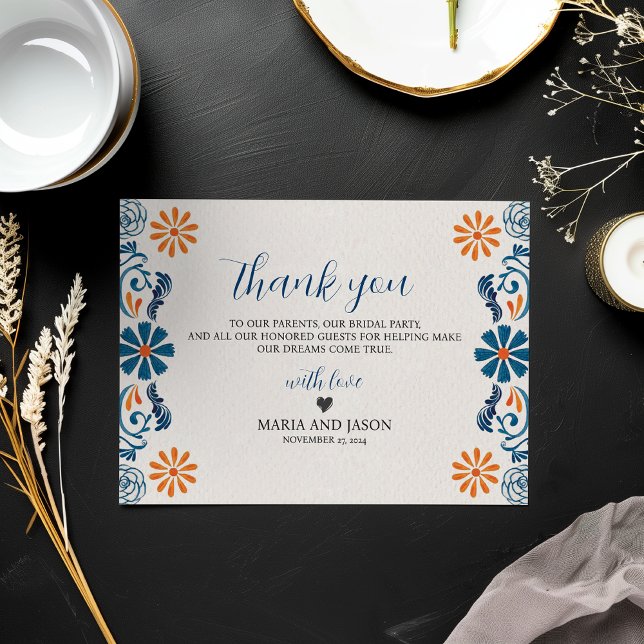 Mexican Blue Orange Floral Elegante Fiesta Wedding Dankeskarte (Mexican Blue Orange Floral Elegant Fiesta Wedding Thank You Card)