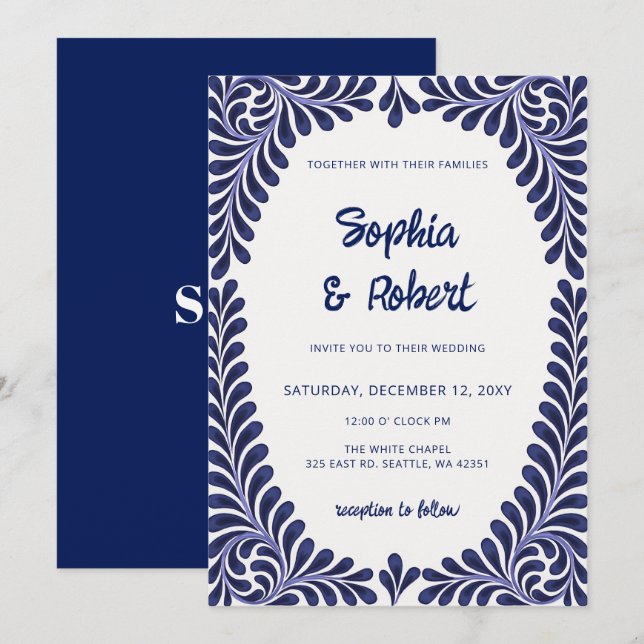 Mexican Blue Talavera Tiles Wedding Einladung (Vorne/Hinten)