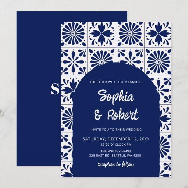Mexican Blue Talavera Tiles Wedding Einladung (Vorne/Hinten)