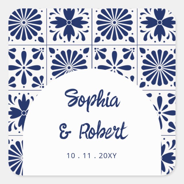 Mexican Blue Talavera Tiles Wedding Quadratischer Aufkleber (Vorderseite)