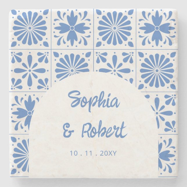 Mexican Blue Talavera Tiles Wedding Steinuntersetzer (Vorderseite)