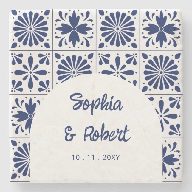 Mexican Blue Talavera Tiles Wedding Steinuntersetzer (Vorderseite)