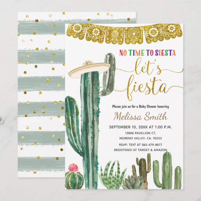 Mexican Cactus Let's Fiesta Baby Shower Einladung (Vorne/Hinten)