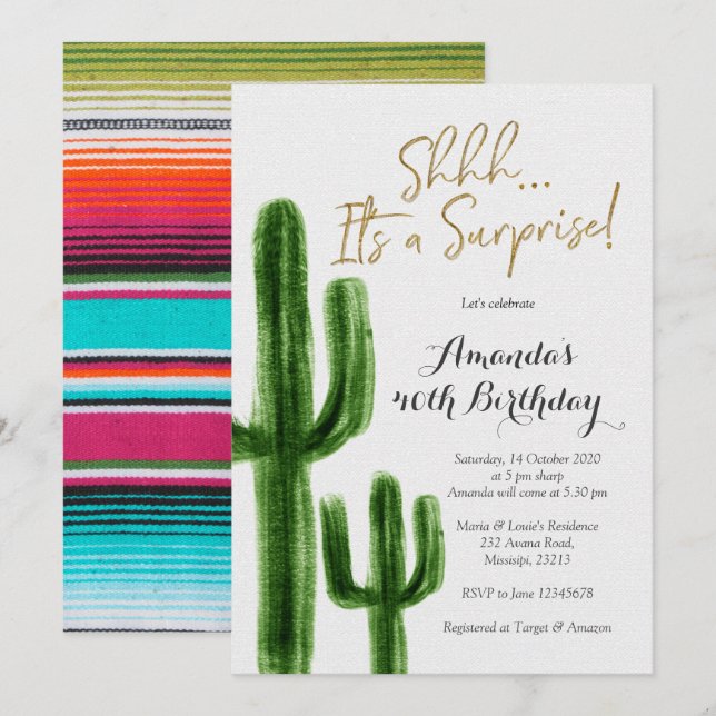 Mexican Cactus Surprise Birthday Party Einladung (Vorne/Hinten)