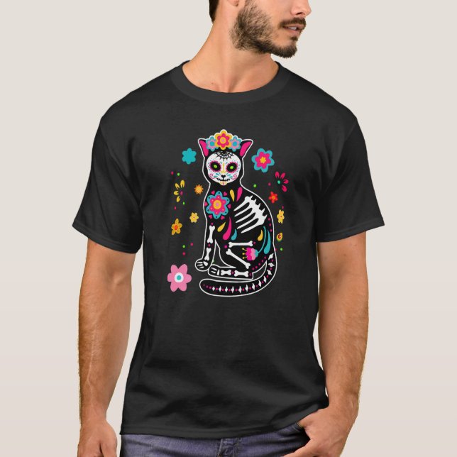 Mexican Cat Dia De Los Muertos Sugar Skull Day T-Shirt (Vorderseite)