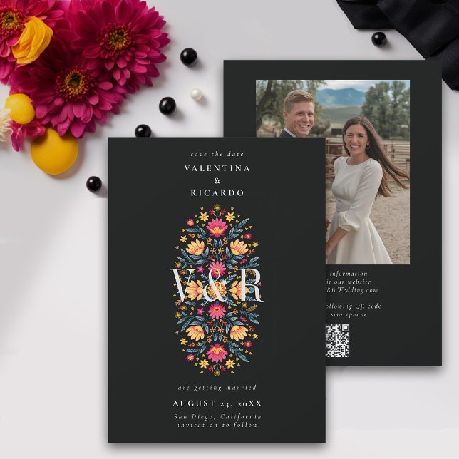 Mexican Eleganto Modern Floral QR Foto Wedding Save The Date (mexican wedding save the date fiesta rancho mexico hacienda floral elegant modern qr code photo)