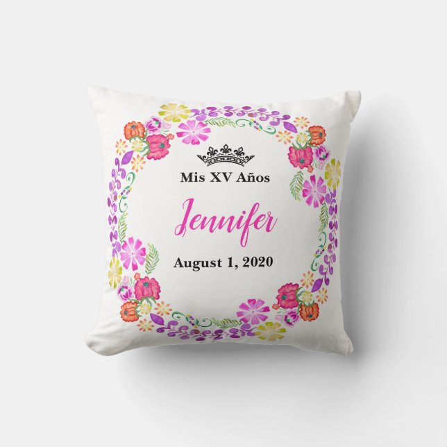 Mexican Embroidery Mis XV Recuerdo 16" Pillow Kissen (Vorderseite)