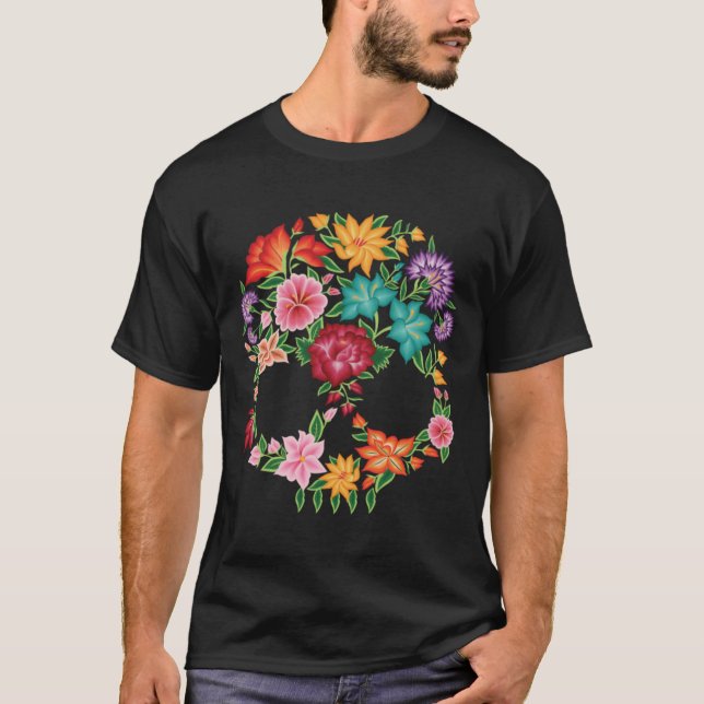 Mexican Embroidery Style Skull Design from Oaxaca, T-Shirt (Vorderseite)