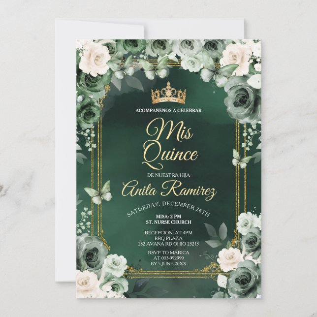 Mexican Emerald Green & Ivory White Quinceañera Einladung (Vorderseite)