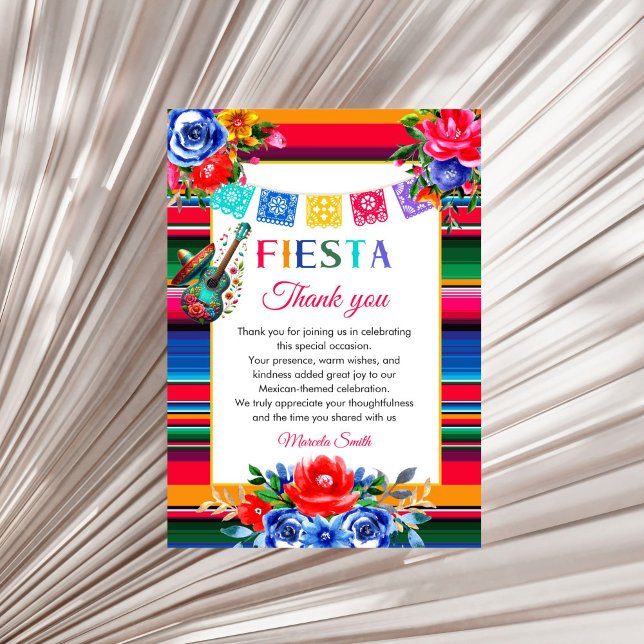 Mexican Fiesta Birthday Flat Thank You Card Dankeskarte (Mexican Serape Floral Fiesta birthday thank you card)