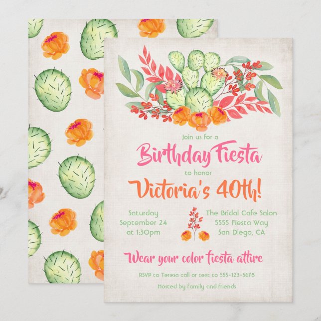 Mexican Fiesta Birthday Party Watercolor Cactus Einladung (Vorne/Hinten)