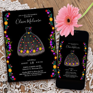 Mexican Fiesta Black Charro Dress Quinceanera Einladung