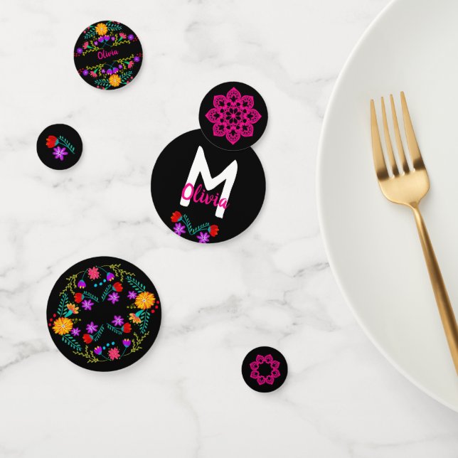 Mexican Fiesta Black Pink Floral Monogram Name Konfetti (Gruppe)