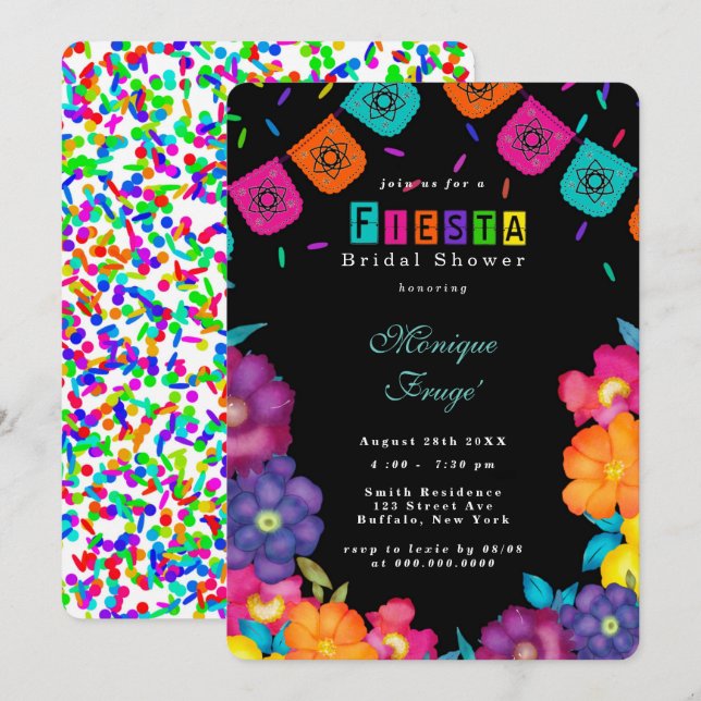 Mexican Fiesta Bright Florals Brautparty Einladung (Vorne/Hinten)