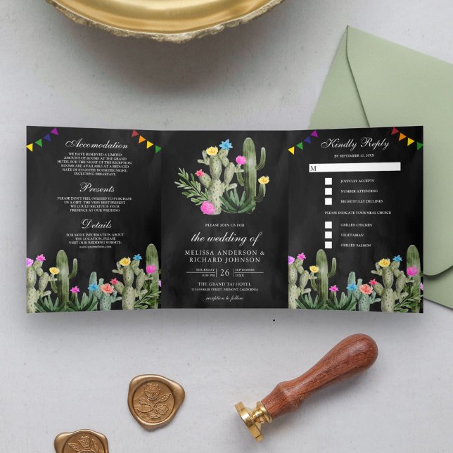 Mexican Fiesta Cactus Floral Black Wedding Dreifach Gefaltete Einladung (Von Creator hochgeladen)
