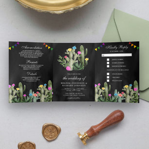 Mexican Fiesta Cactus Floral Black Wedding Dreifach Gefaltete Einladung