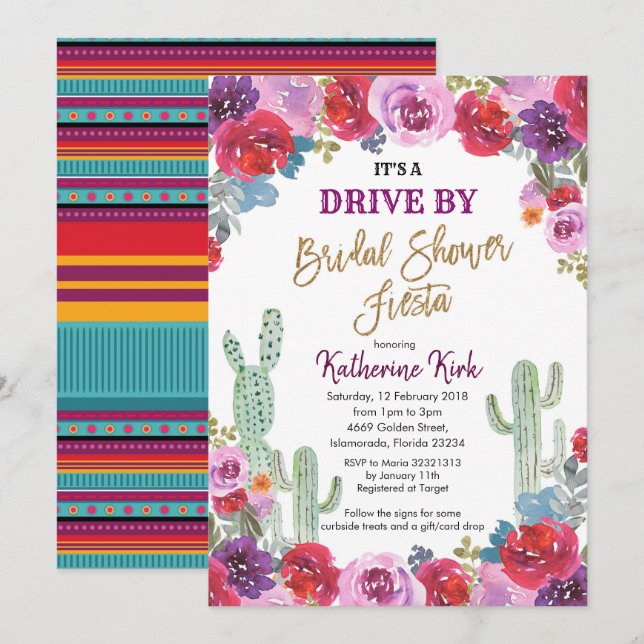 Mexican Fiesta Drive by Bridal Dusche Einladung (Vorne/Hinten)