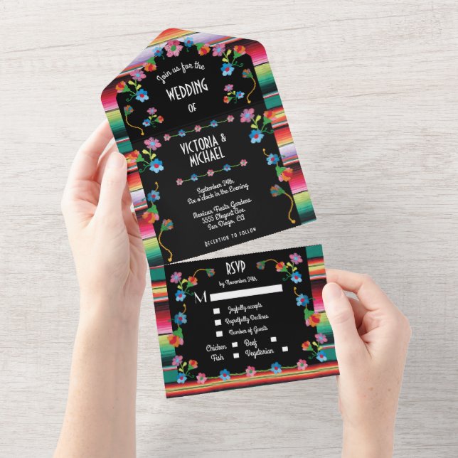 Mexican Fiesta Embroidery Floral Wedding All In One Einladung (Abreißen)